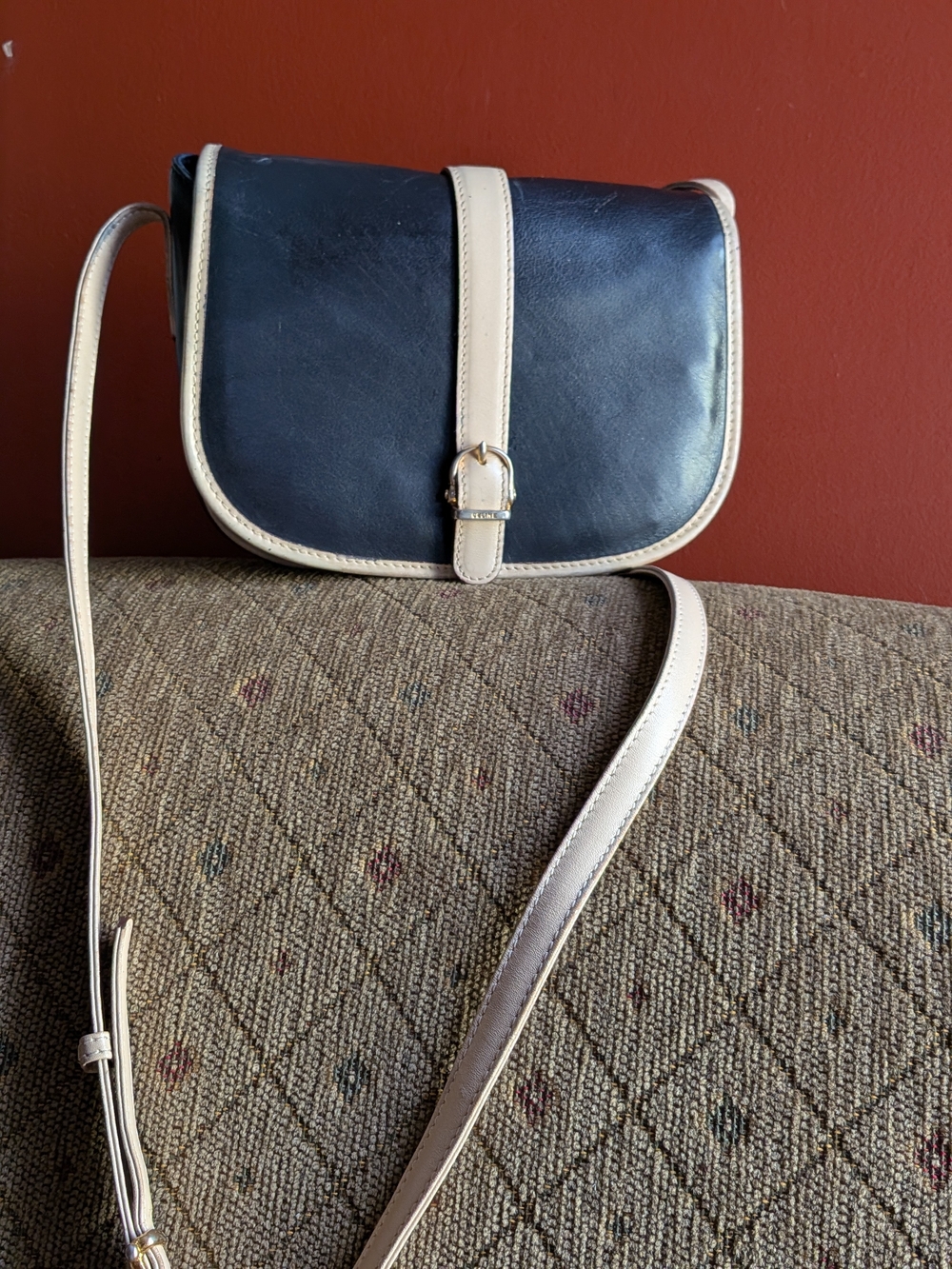Celine Black Leather Crossbody with Cream Trim and Strap